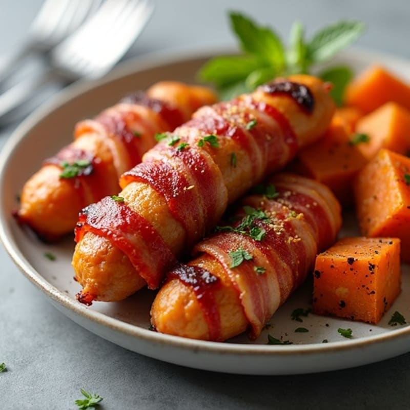 Crispy Bacon-Wrapped Chicken Sausage with Roasted Sweet Potatoes