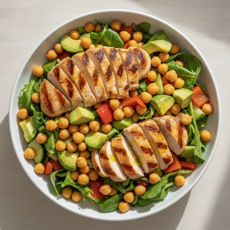Grilled Chicken Breast Salad with Chickpeas and Crunchy Vegetables
