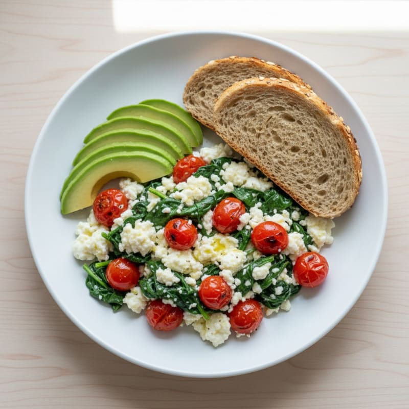 Egg White and Cottage Cheese Scramble with Spinach and Cherry Tomatoes