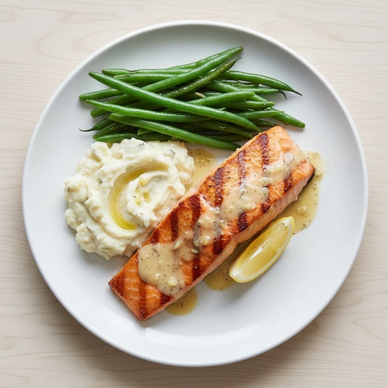 Seared Salmon Fillet with Steamed Green Beans and Mashed Cauliflower