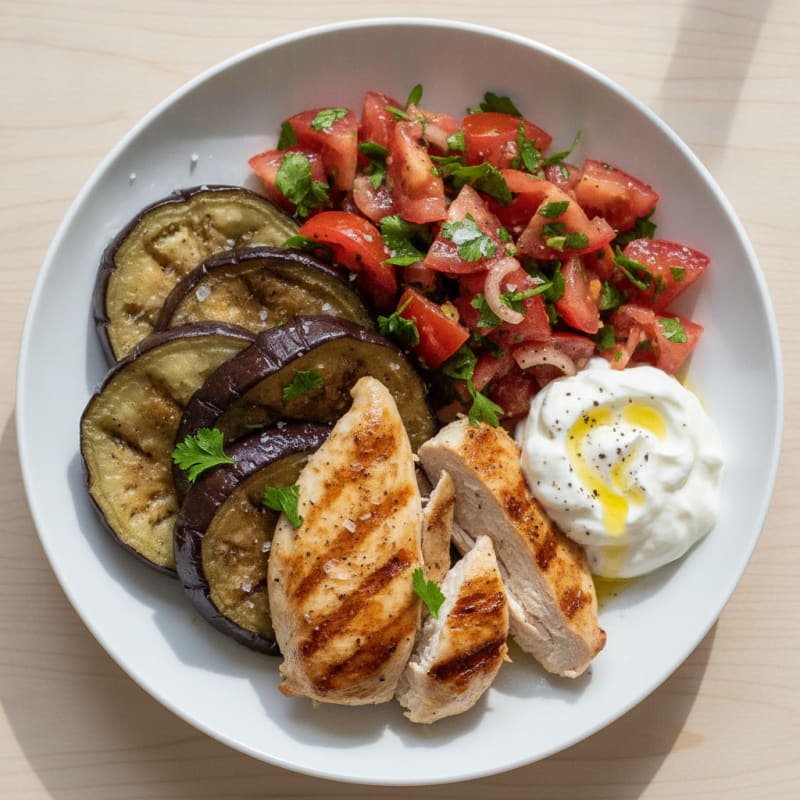 Roasted Eggplant with Tomato-Onion Salad and Yogurt