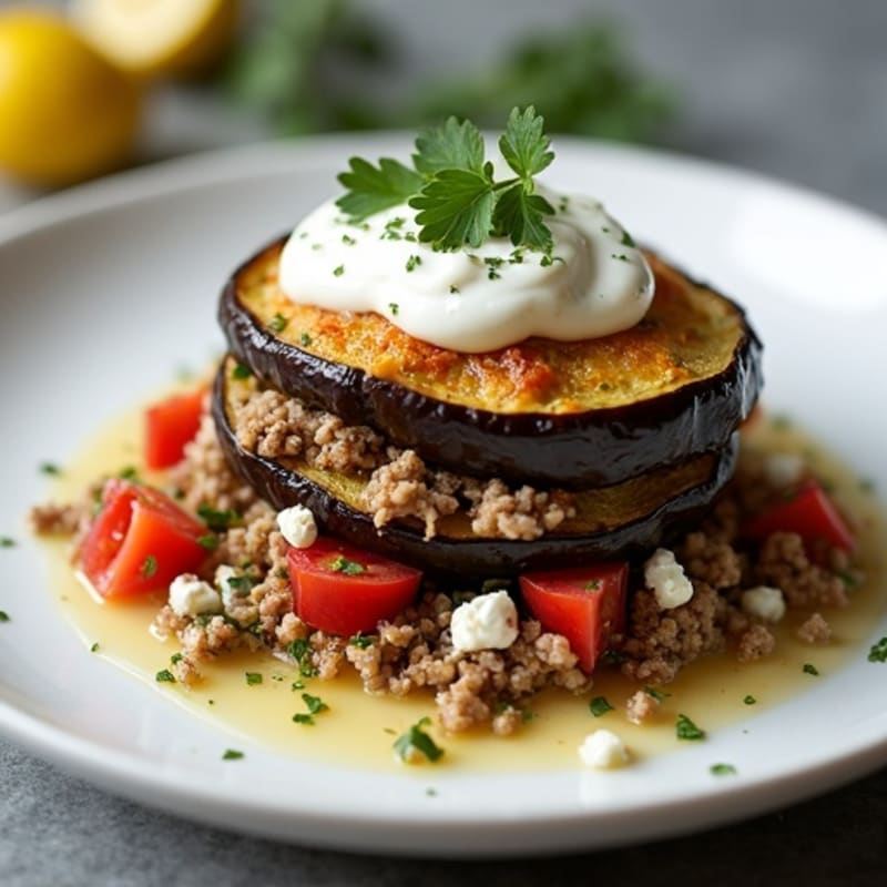 Baked Layered Eggplant and Lean Ground Lamb with Creamy Herb Sauce