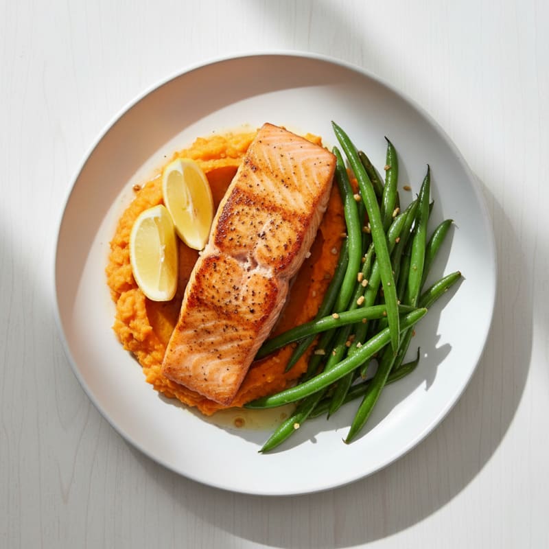 Seared Salmon with Garlic Green Beans and Sweet Potato Mash