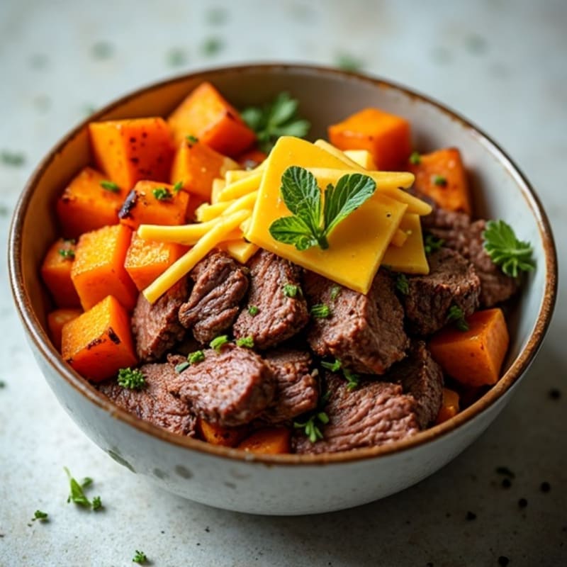 Herb-Roasted Beef Bowl with Crispy Sweet Potatoes and Sharp Cheddar