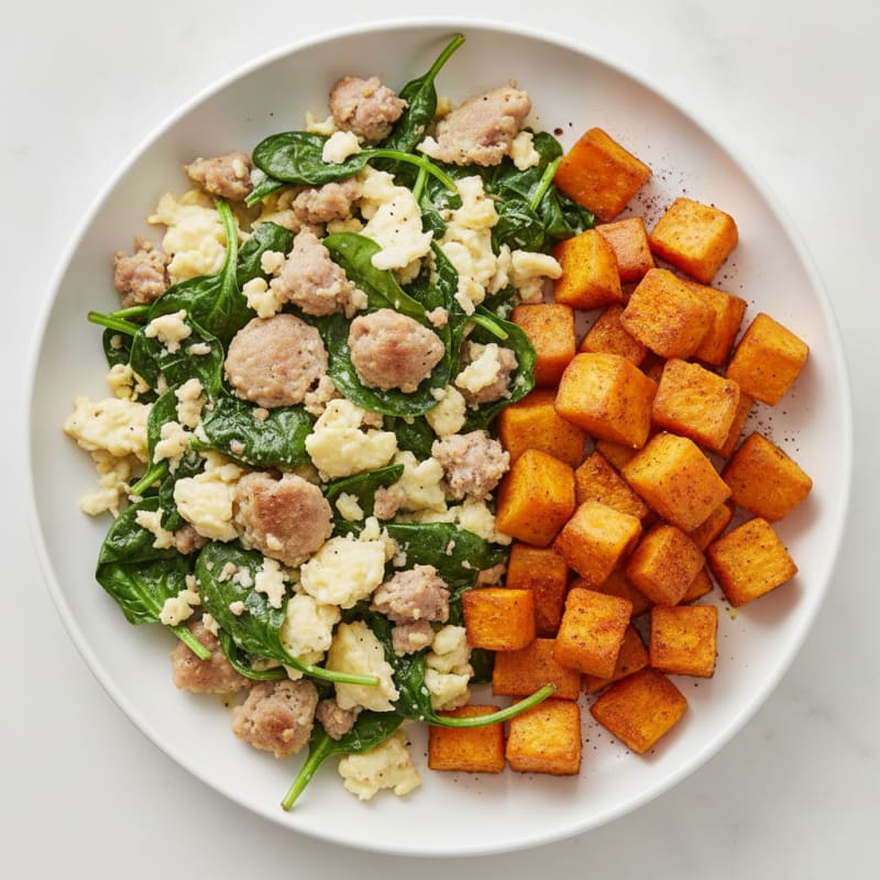 Egg White and Turkey Sausage Scramble with Spinach and Roasted Sweet Potato