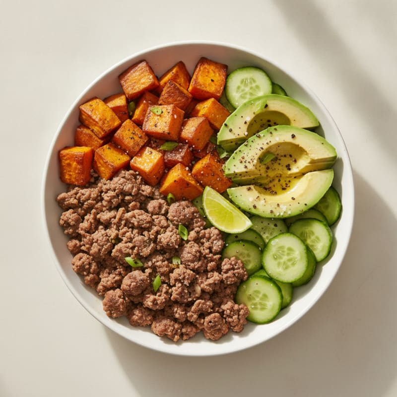 Ground Beef Bowl with Sweet Potato and Avocado