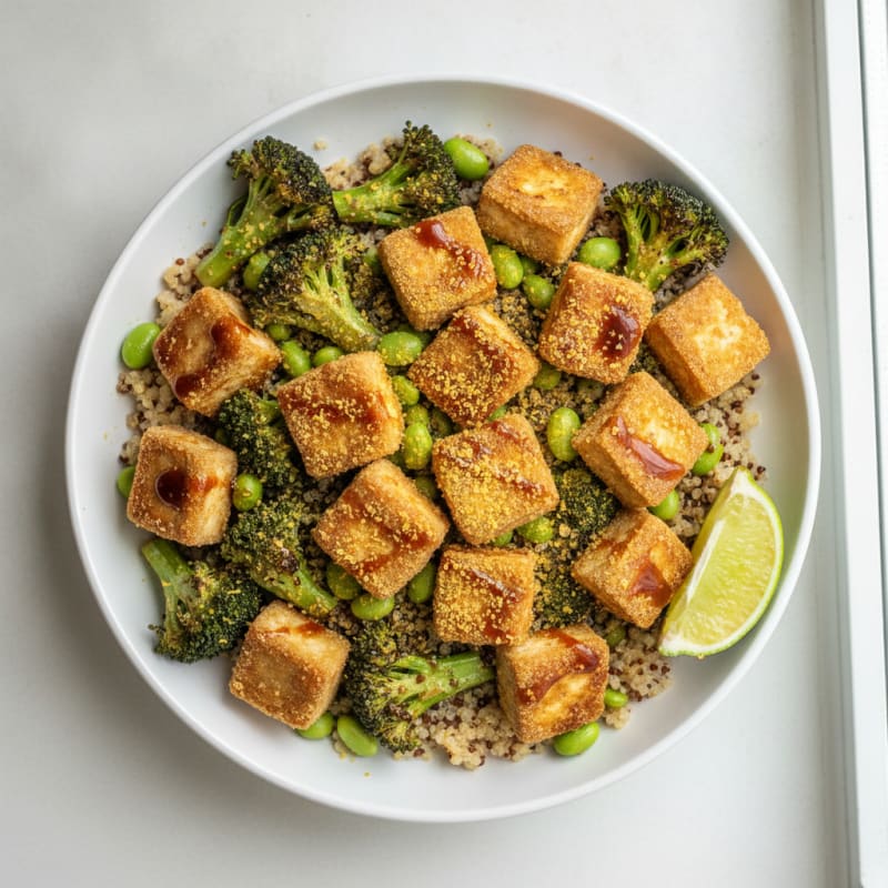 Crispy Tofu Power Bowl with Quinoa and Roasted Vegetables