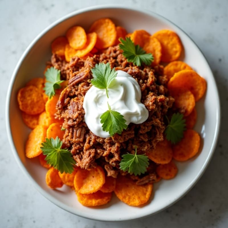 Crispy Sweet Potato Nachos with Spiced Pulled Pork
