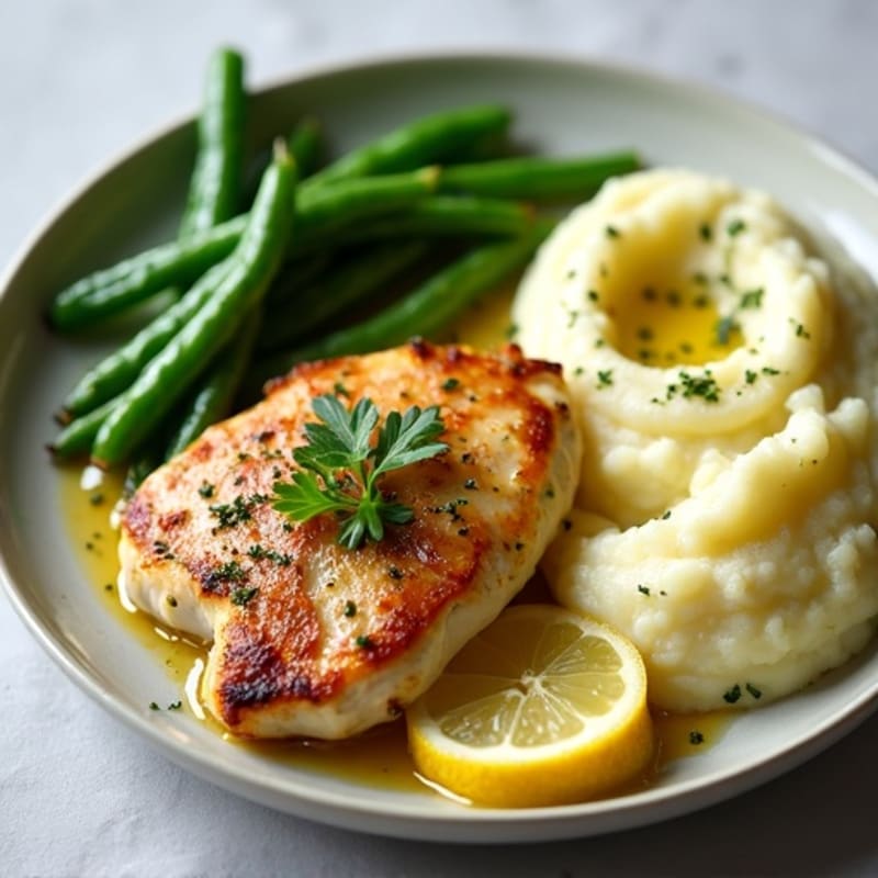 Pan-Seared Lemon Herb Chicken with Creamy Garlic Mashed Potatoes and Roasted Green Beans