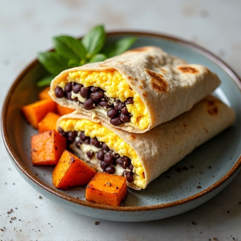 Scrambled Egg and Black Bean Burrito with Roasted Sweet Potatoes