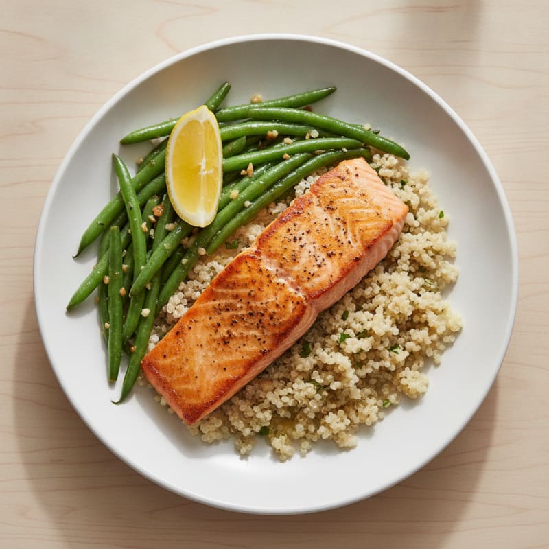 Seared Salmon with Garlic Green Beans and Quinoa