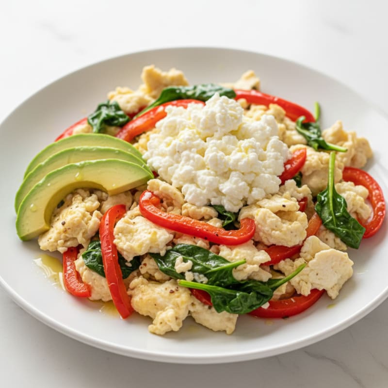 Egg White Veggie Scramble with Cottage Cheese and Sliced Turkey