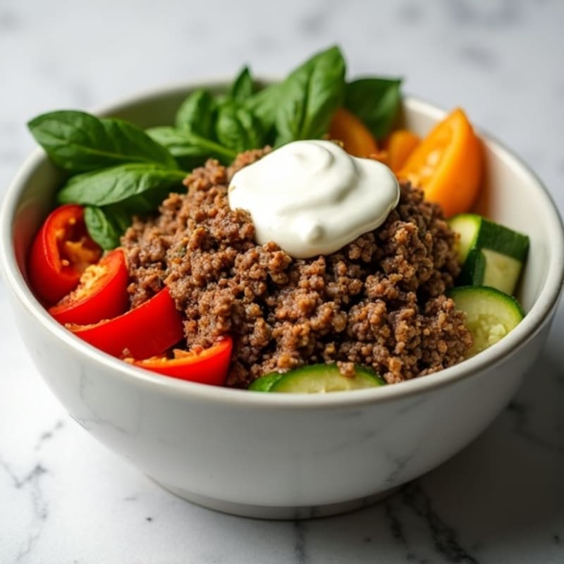 Lean Ground Beef and Crisp Veggie Bowl with Creamy Tangy Sauce