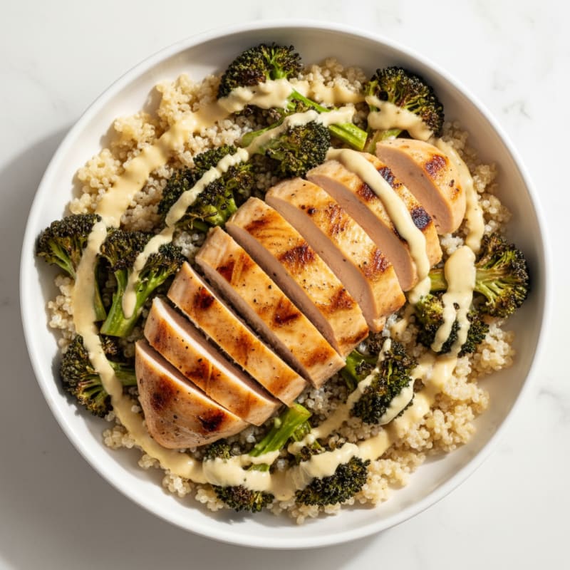 Grilled Chicken and Quinoa Bowl with Roasted Broccoli and Lemon Tahini Drizzle