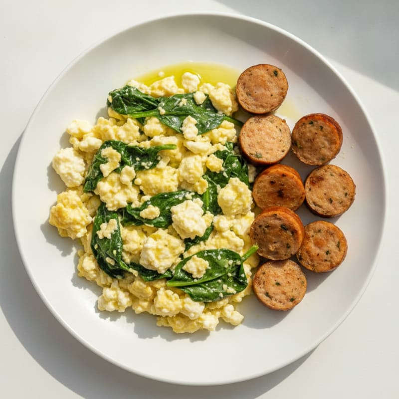 Cottage Cheese Egg Scramble with Spinach and Chicken Sausage