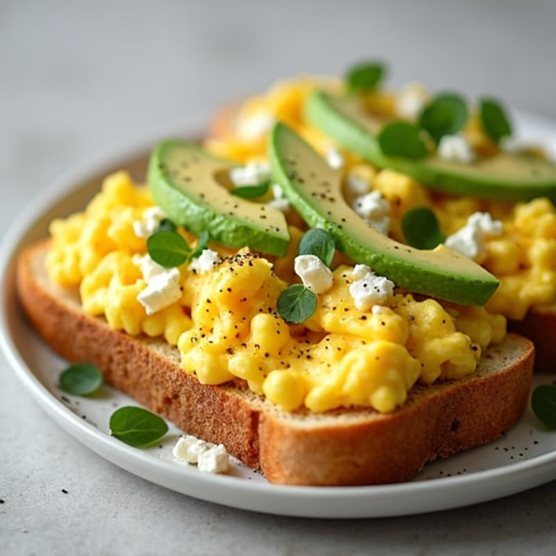 Crispy Sourdough Toast with Creamy Avocado and Savory Feta Cottage Cheese Scrambled Eggs