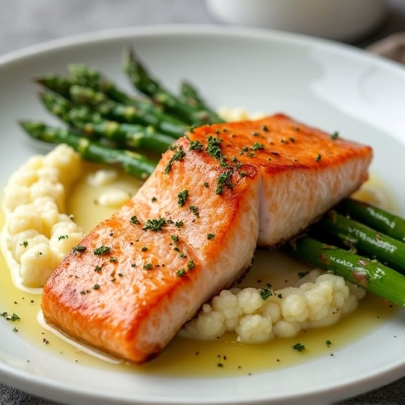 Seared Salmon with Steamed Asparagus and Garlic Cauliflower Mash
