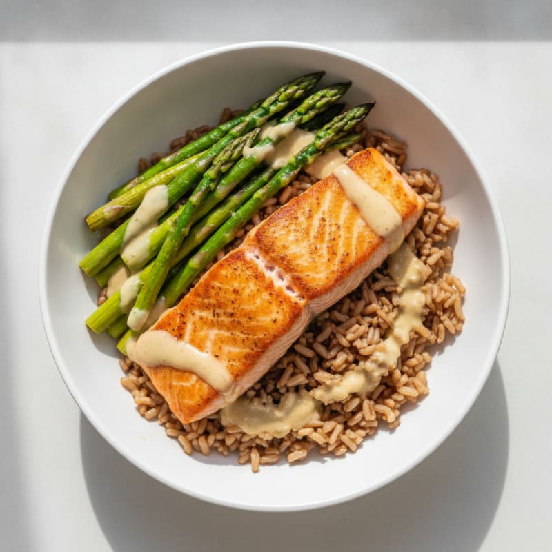 Seared Salmon Bowl with Brown Rice, Asparagus, and Lemon Tahini Drizzle