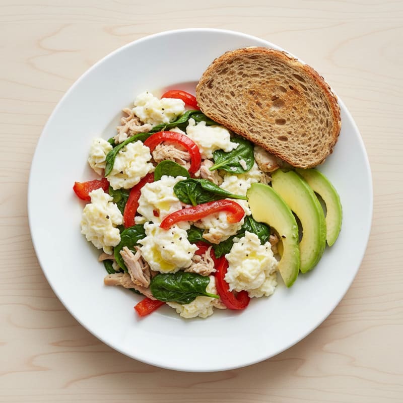 Egg White Spinach Scramble with Turkey Breast and Bell Peppers