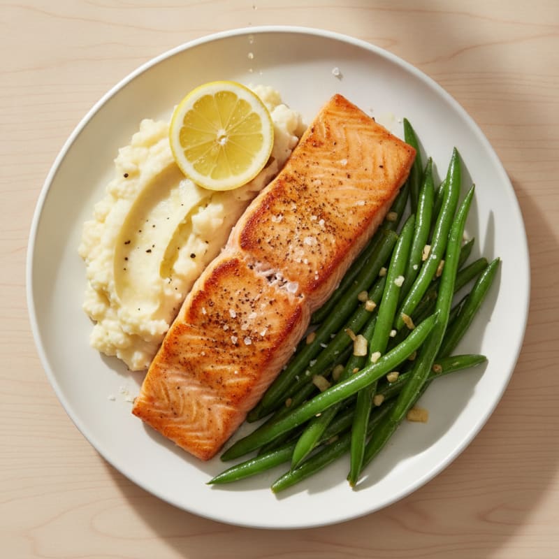Seared Salmon with Garlic Green Beans and Mashed Cauliflower