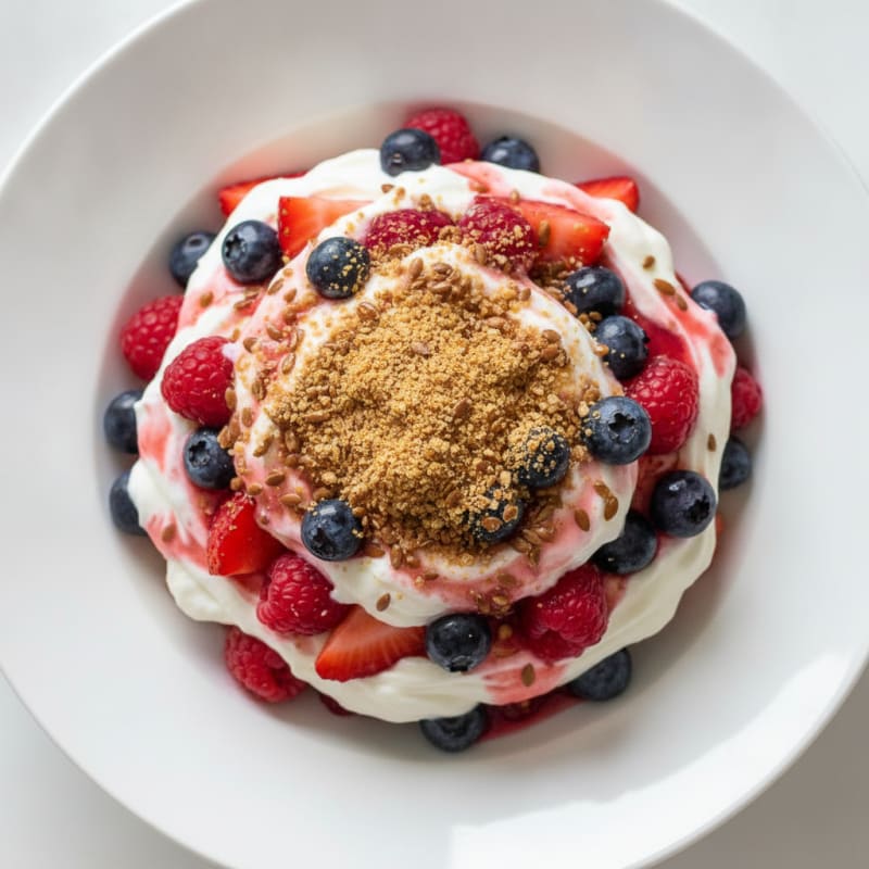 Protein Yogurt Parfait with Mixed Fruit and Toasted Flax