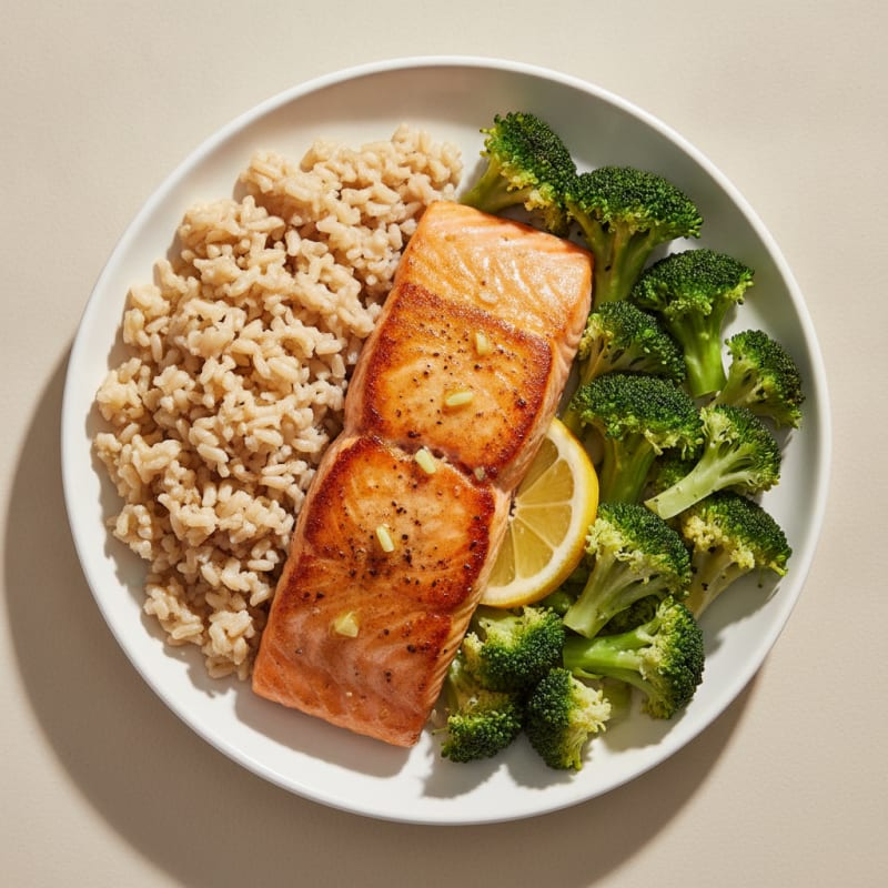 Seared Salmon with Steamed Broccoli and Brown Rice