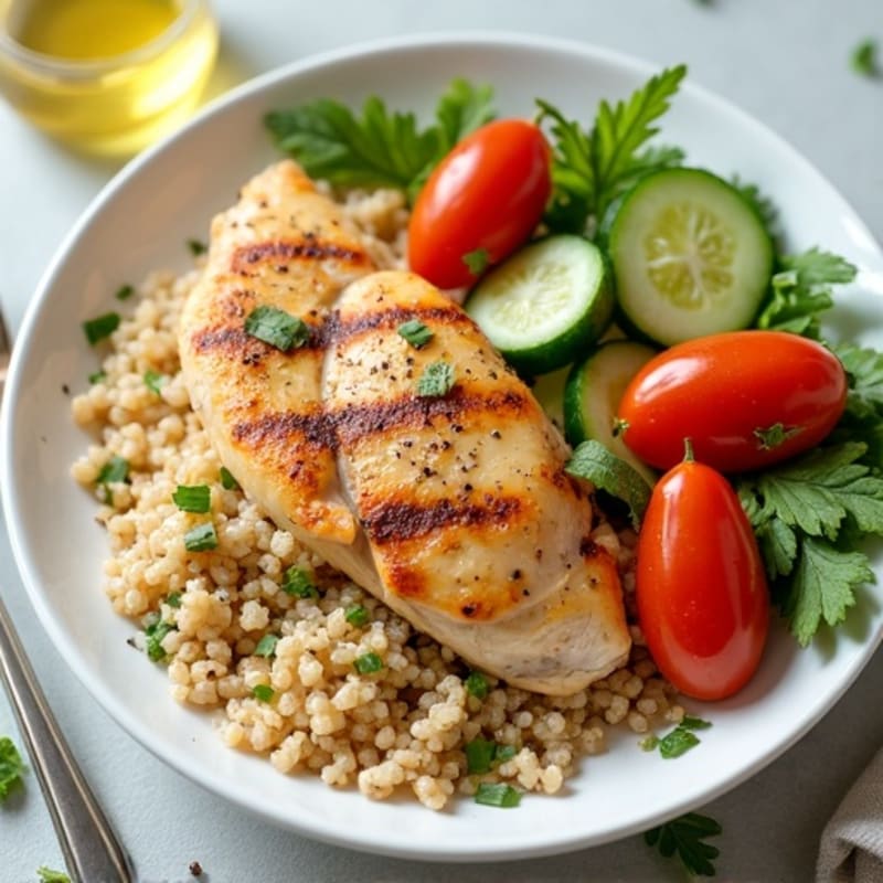 Grilled Chicken Breast with Quinoa and Crunchy Cucumber Tomato Salad