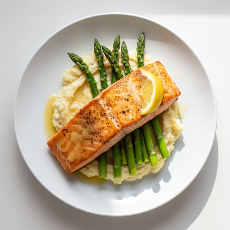 Seared Salmon Filet with Steamed Asparagus and Cauliflower Mash
