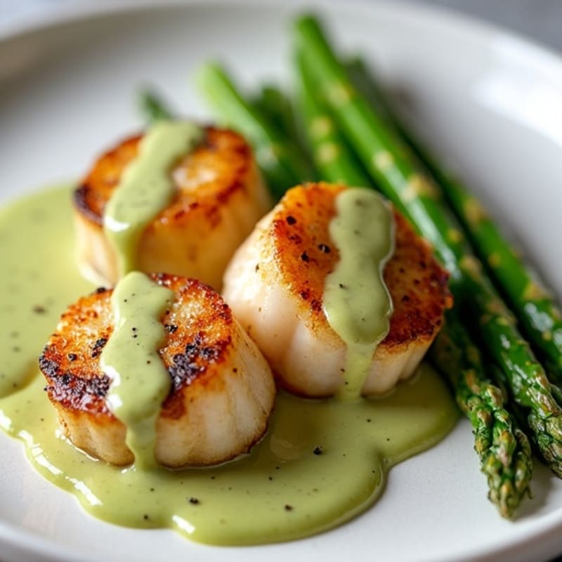Silky Pan-Seared Scallops with Creamy Citrus-Avocado Dressing and Roasted Asparagus