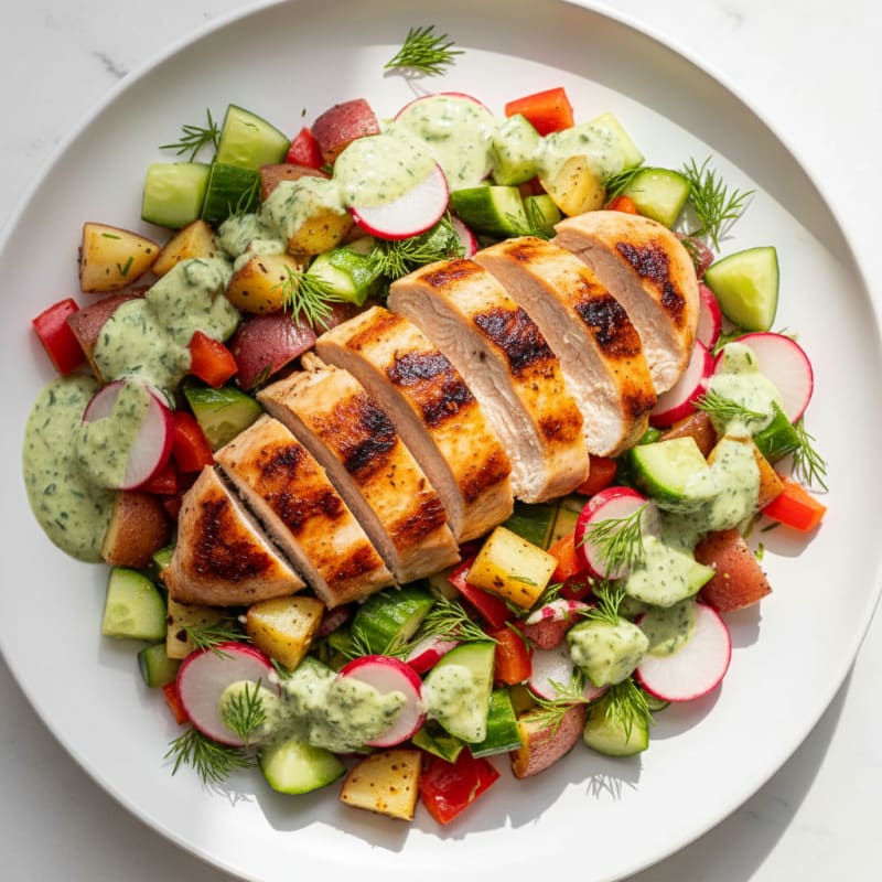 Grilled Chicken Breast with Crunchy Vegetable Salad and Herb Yogurt Dressing