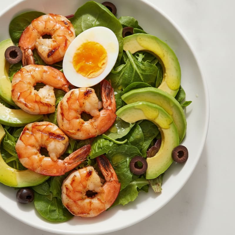 Grilled Shrimp Salad with Mix Leaf Lettuce, Avocado, and Olives