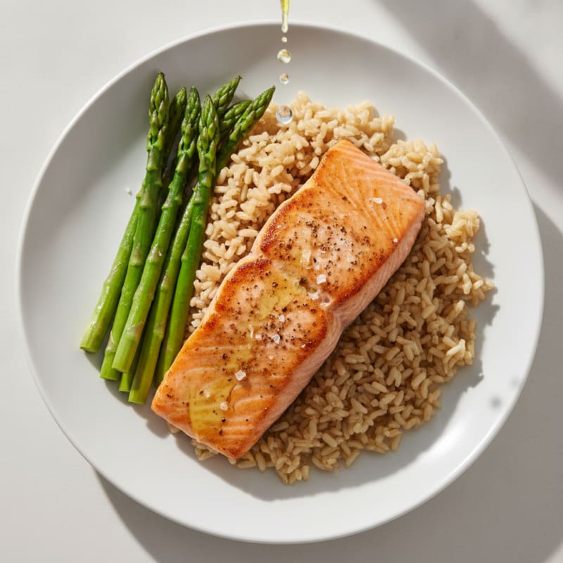 Seared Salmon Fillet with Steamed Asparagus and Brown Rice