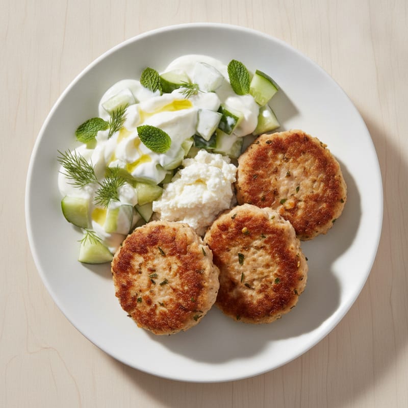 Crispy Turkey Patties with Cottage Cheese and Cucumber Salad