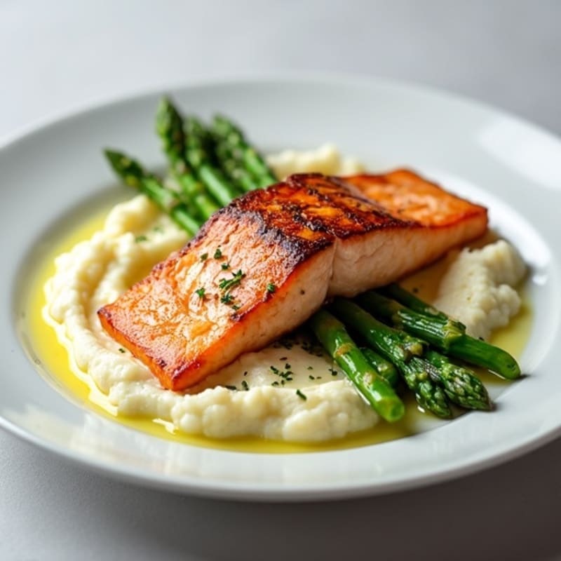 Seared Salmon Fillet with Steamed Asparagus and Cauliflower Mash
