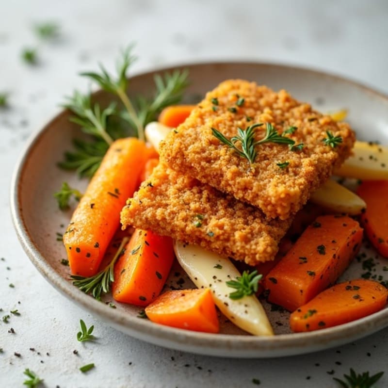 Crispy Heura with Herb-Roasted Root Vegetables
