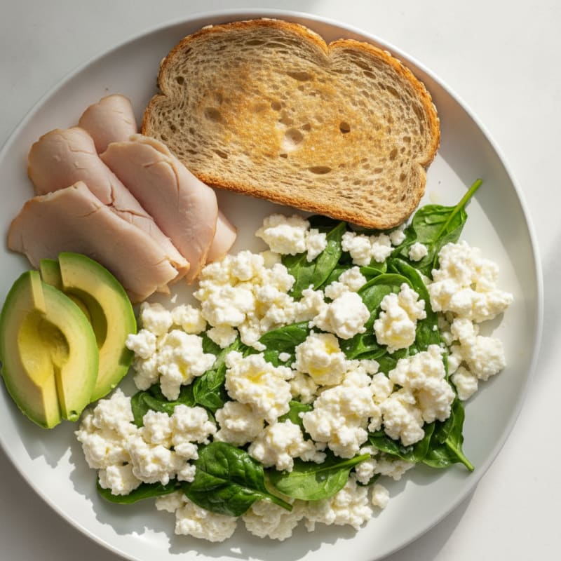 Egg White and Spinach Scramble with Cottage Cheese and Sliced Turkey