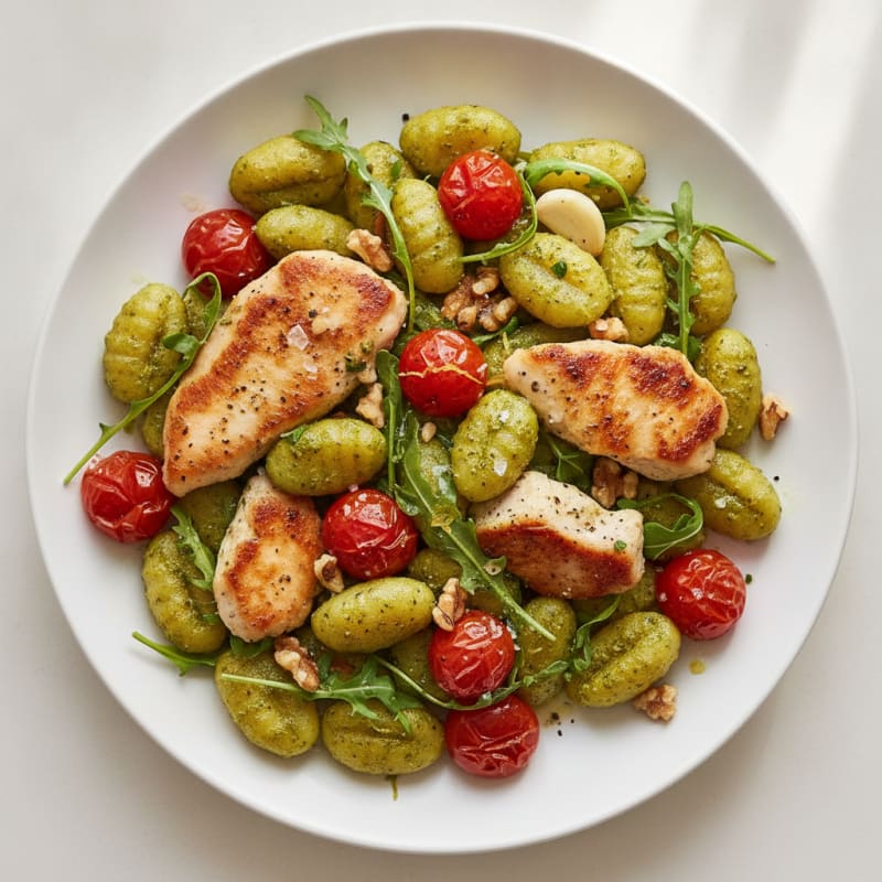 Gnocchi with Arugula Pesto and Cherry Tomatoes