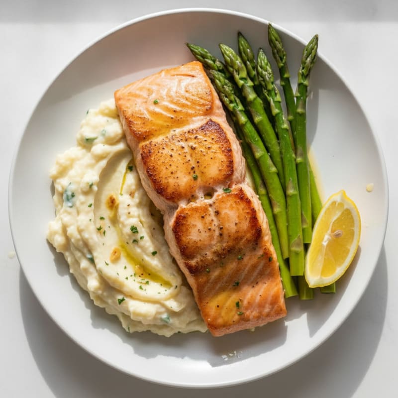 Seared Salmon with Steamed Asparagus and Garlic Mashed Cauliflower