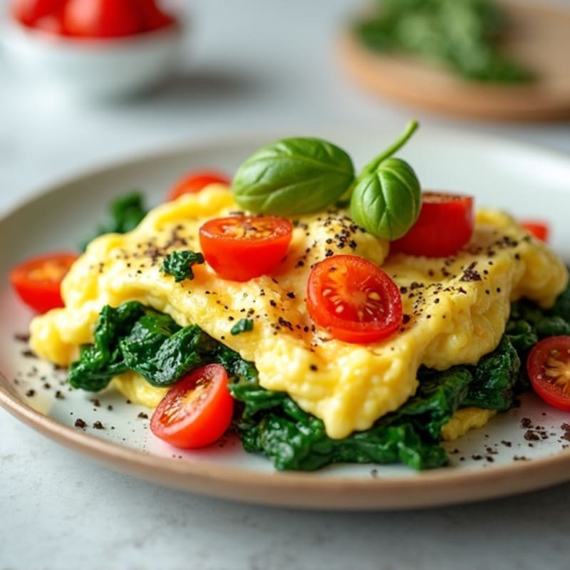 Fluffy Scrambled Eggs with Sautéed Spinach and Cherry Tomatoes