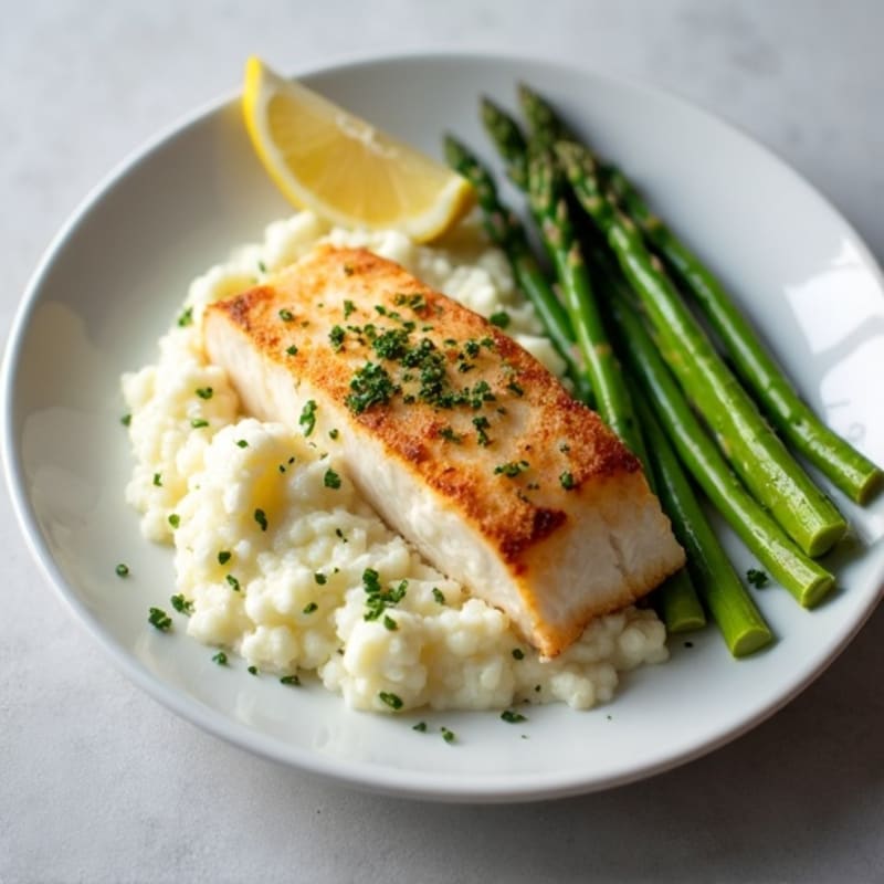 Seared Cod with Steamed Asparagus and Cauliflower Mash
