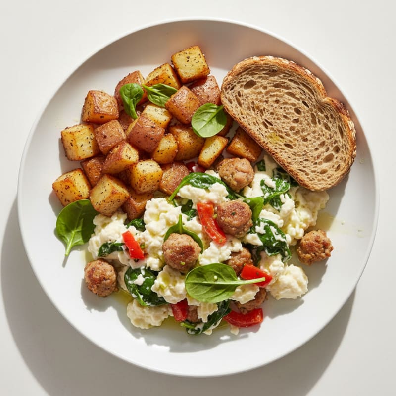 Egg White and Chicken Sausage Scramble with Toasted Whole Grain Bread