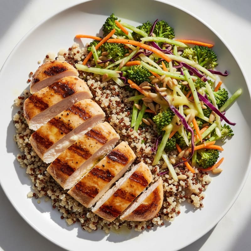 Grilled Chicken Breast with Quinoa and Crunchy Broccoli Slaw
