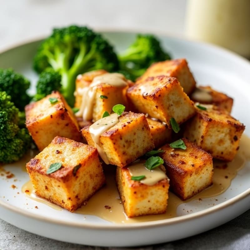 Crispy Baked Tofu with Roasted Broccoli and Creamy Peanut Dressing