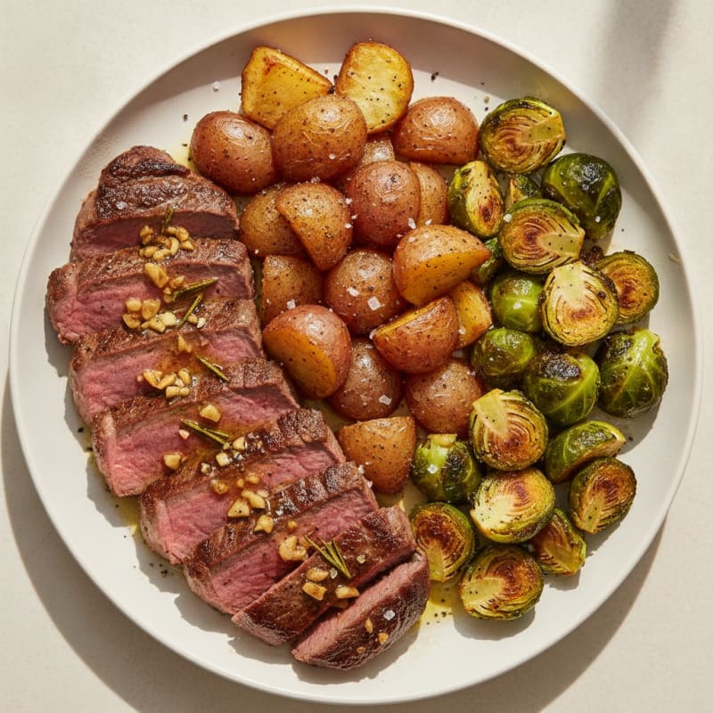 Garlic Herb Steak with Roasted Potatoes and Brussels Sprouts