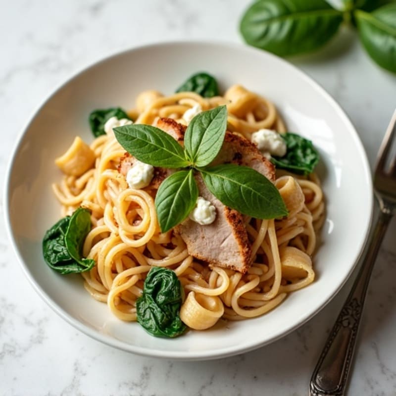 Creamy Whole Wheat Pasta with Crispy Pork and Fresh Greens