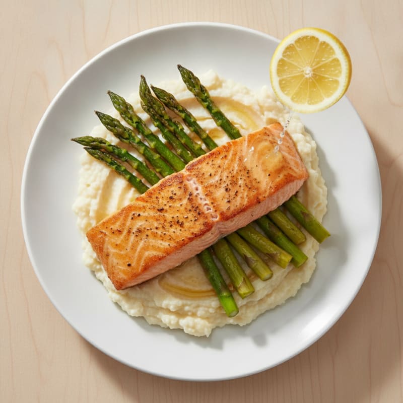 Seared Salmon with Roasted Asparagus and Cauliflower Mash