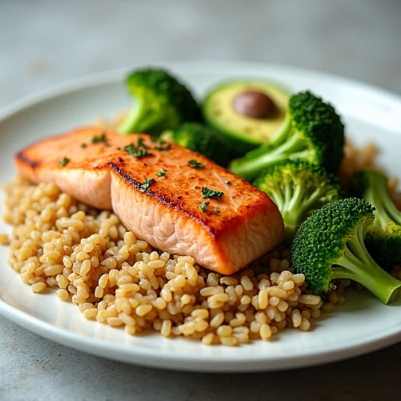 Seared Salmon with Steamed Broccoli and Brown Rice