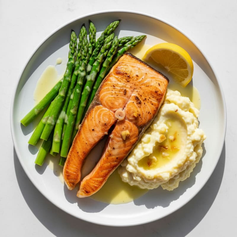 Seared Salmon with Steamed Asparagus and Garlic Mashed Cauliflower