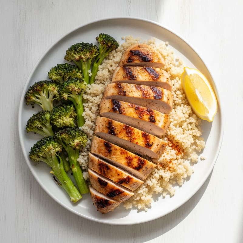 Grilled Chicken Breast with Roasted Broccoli and Quinoa