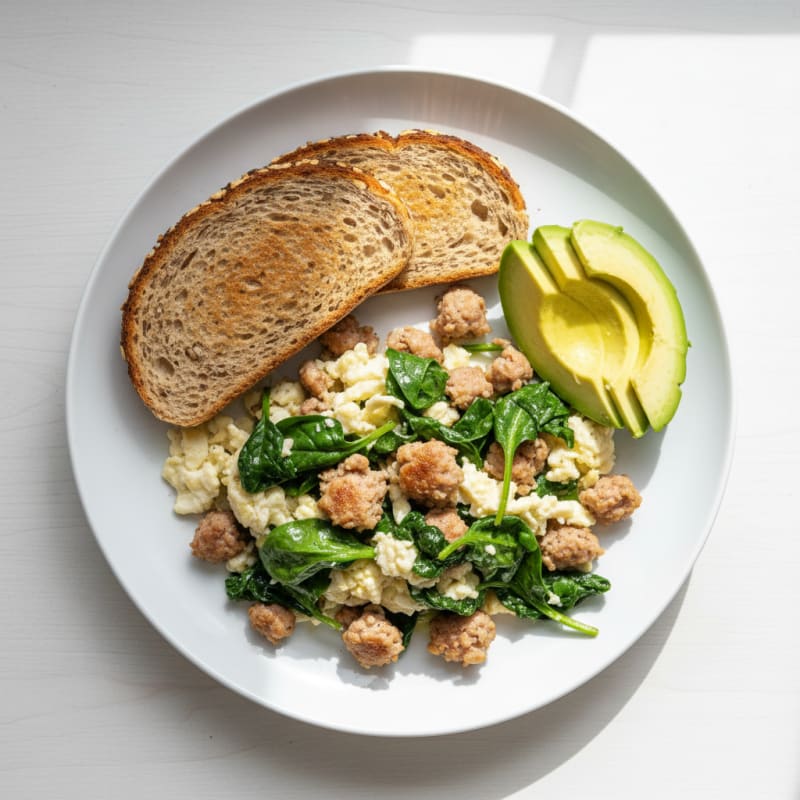 Egg White Scramble with Turkey Sausage and Sautéed Spinach